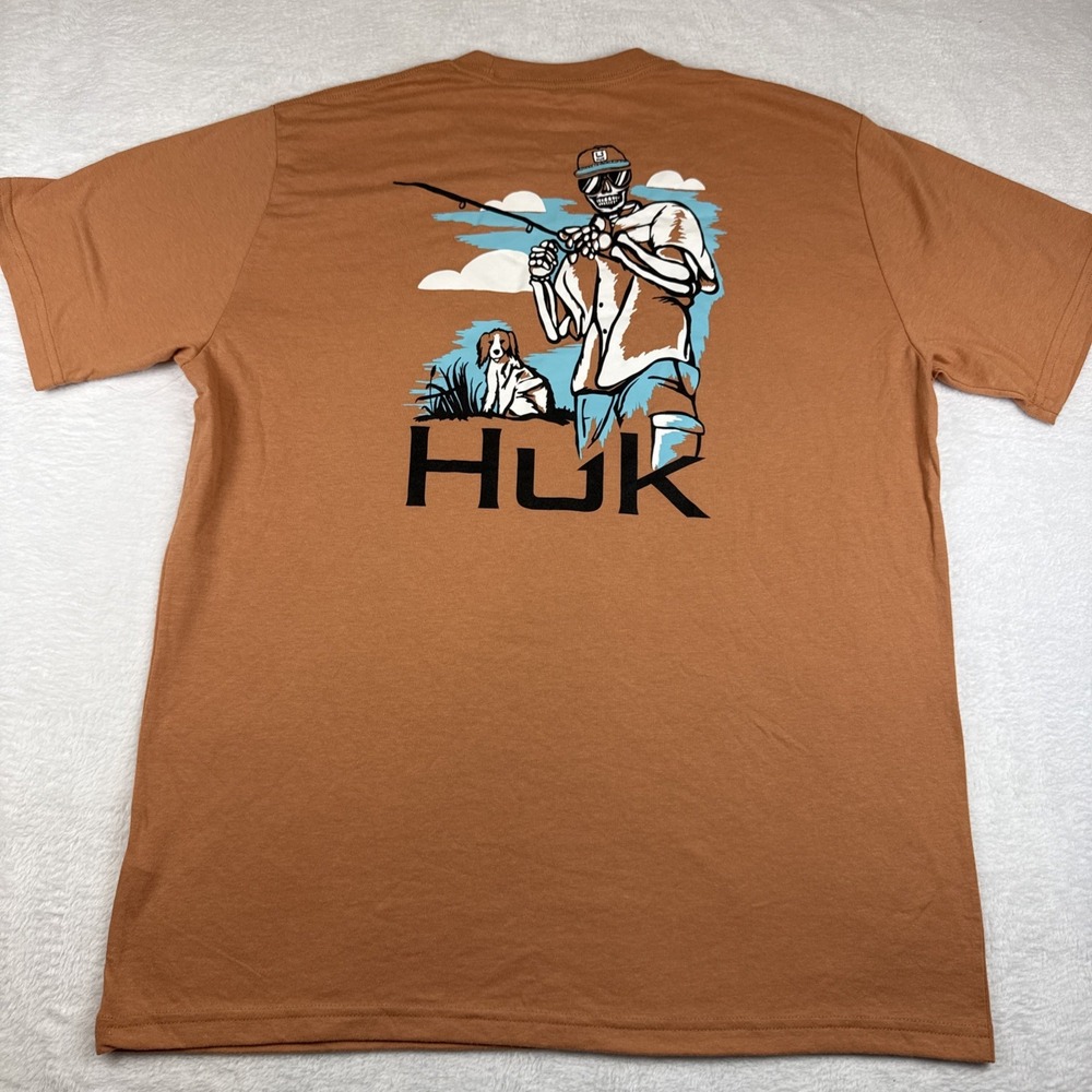 Huk Fishing T-Shirt Mens Medium Burnt Orange Skeleton Fisherman Graphic Tee